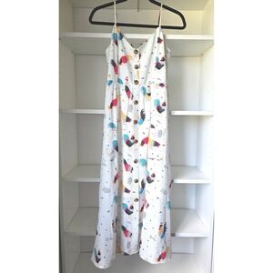 L.A. Soul Midi Dress Womens Medium White Rooster Print Button Front Smocked Back